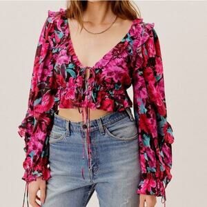 For Love & Lemons Scarlett Floral Ruffle Crop Top Pink Multi XS